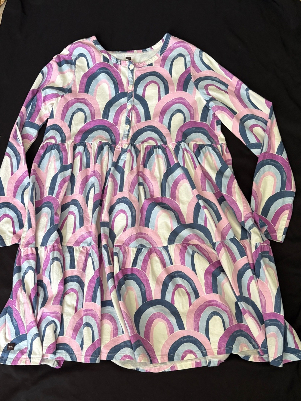 Girls Long Sleeve Rainbow Print Dress - Pink, Purple, Blue